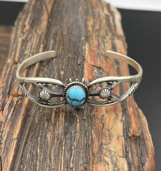 Native American Sterling Silver Indian Handmade Kingman Turquoise Cuff Bracelet