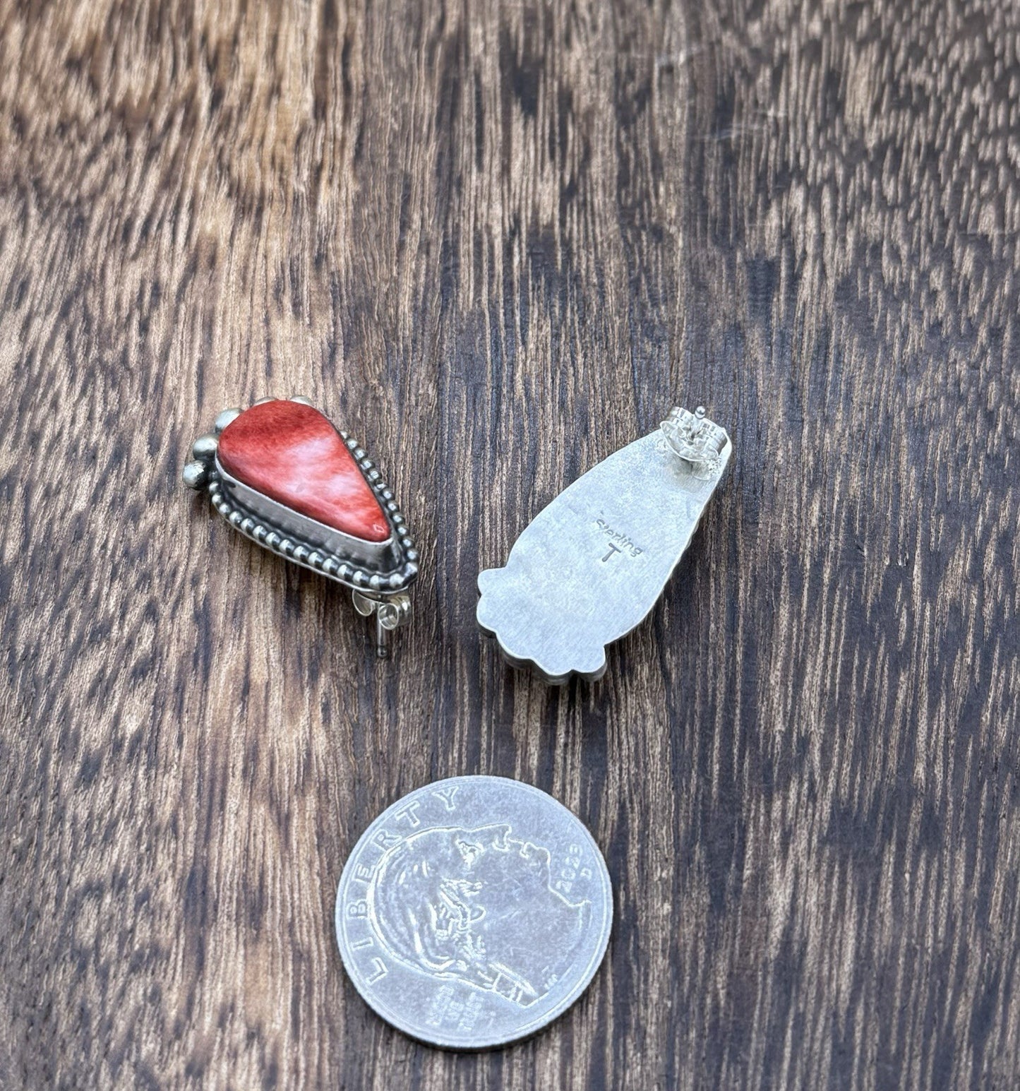 Native Navajo Handmade Sterling Silver Red Spiny Oyster Shell Post Stud Earrings