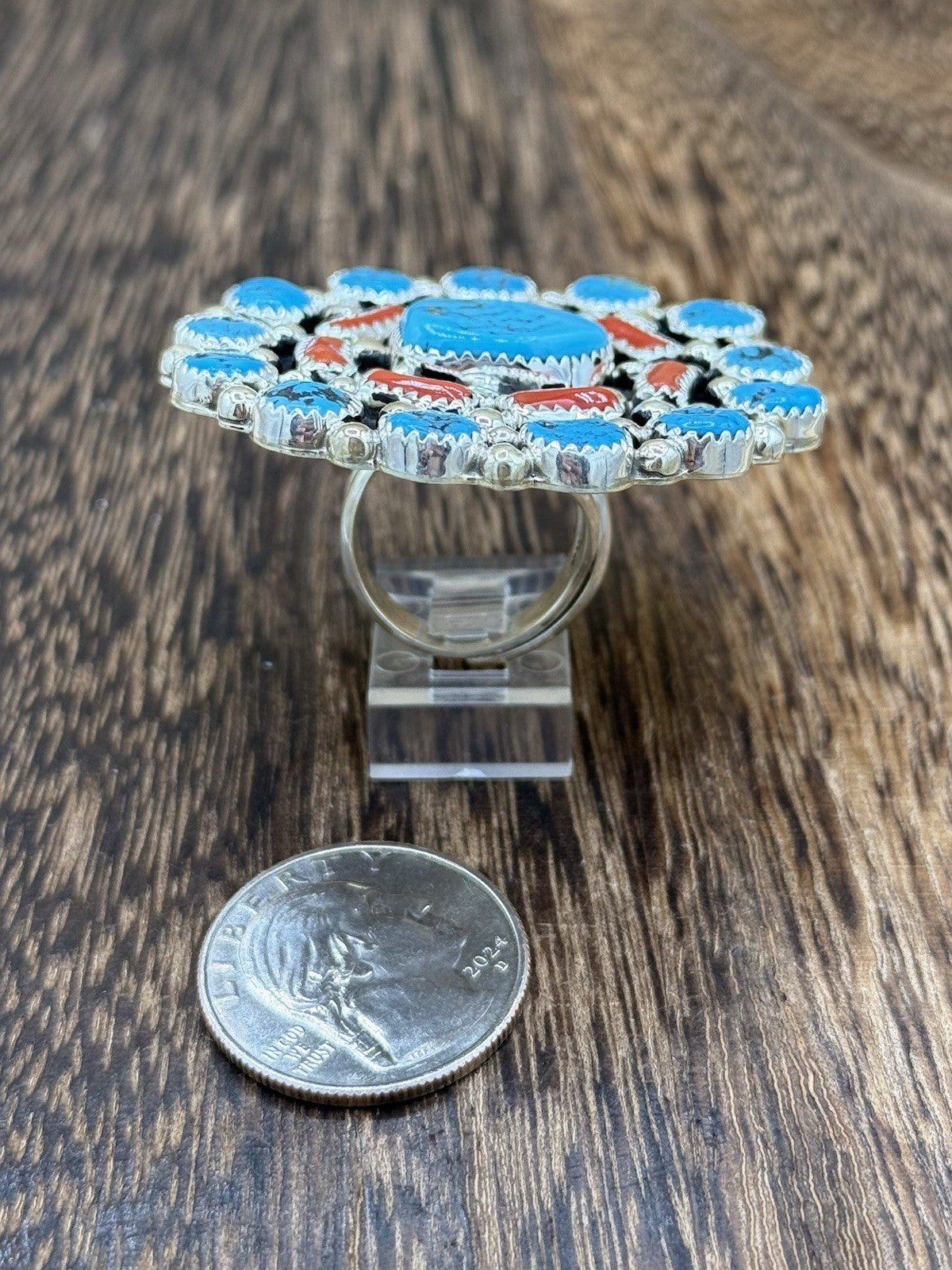 Navajo Handmade Sterling Silver Sleeping Beauty Turquoise & Coral Adjustable 6-9