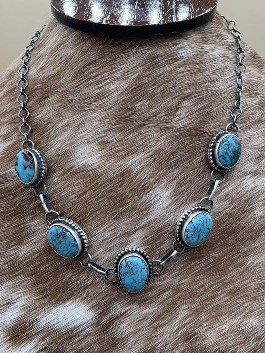 Native American Navajo Handmade Sterling Silver Turquoise Choker Necklace 14-16”