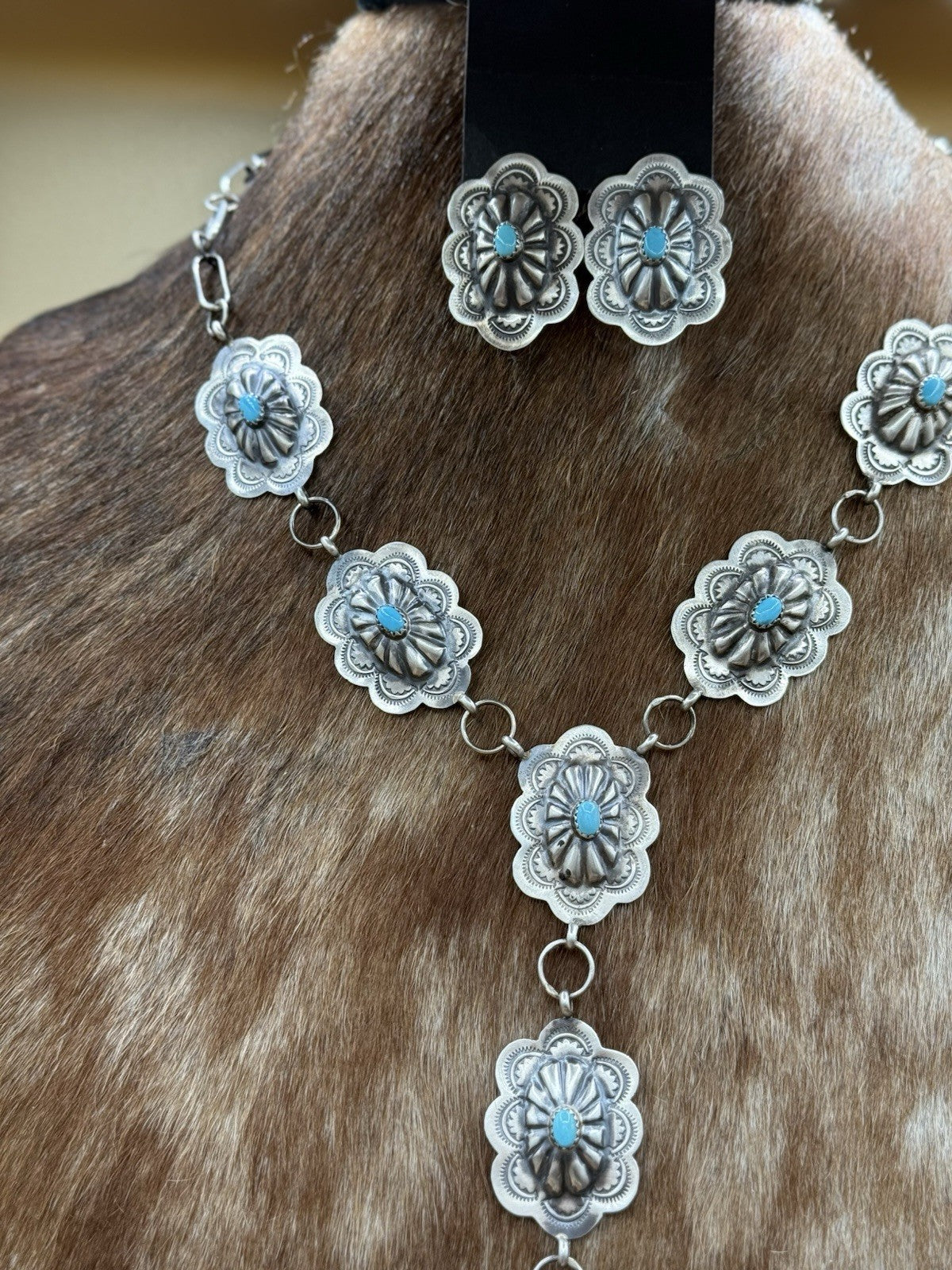 Navajo Handmade Sterling Silver Stamped Concho Turquoise Lariat Necklace Set 20”