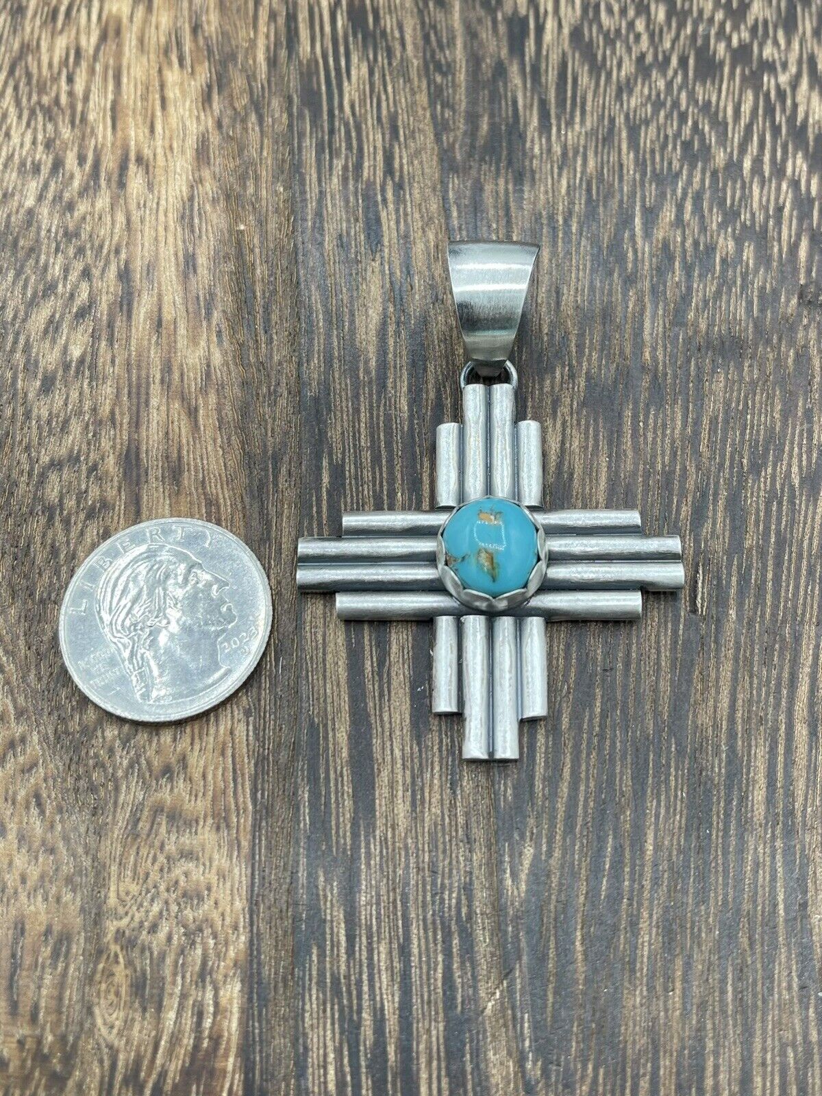 Native American Sterling Silver Navajo Handmade Kingman Turquoise Zia Pendant