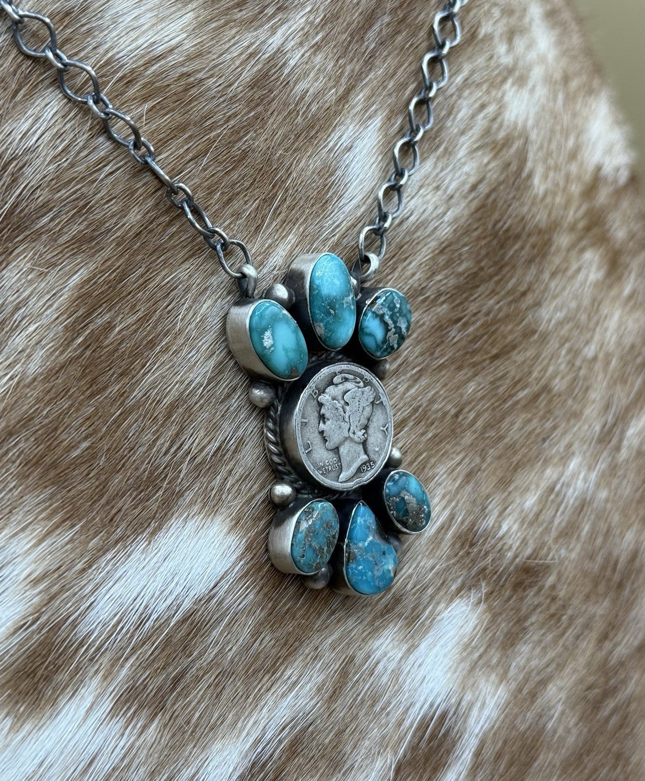 Navajo Handmade Silver White Water Turquoise Liberty Coin Cluster Necklace 18”