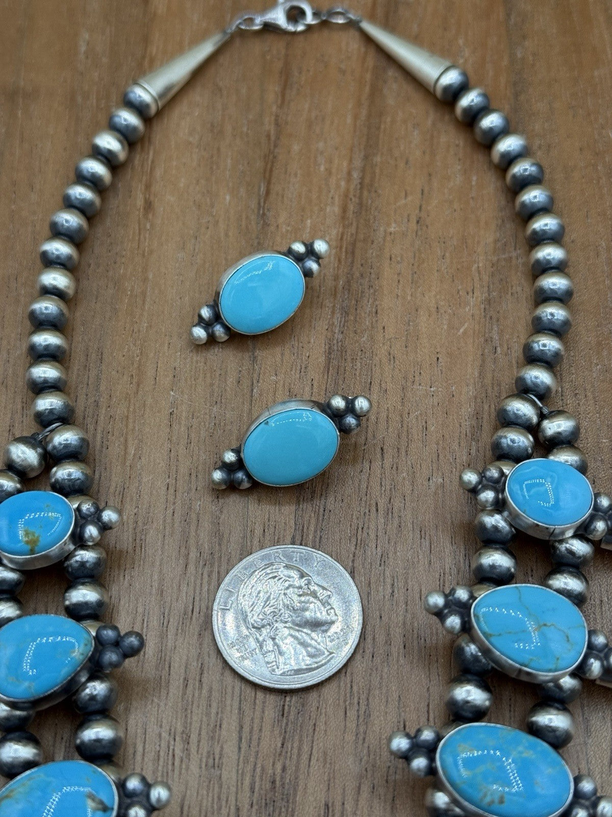 Navajo Handmade Sterling Silver Kingman Turquoise Squash Blossom Necklace 20”