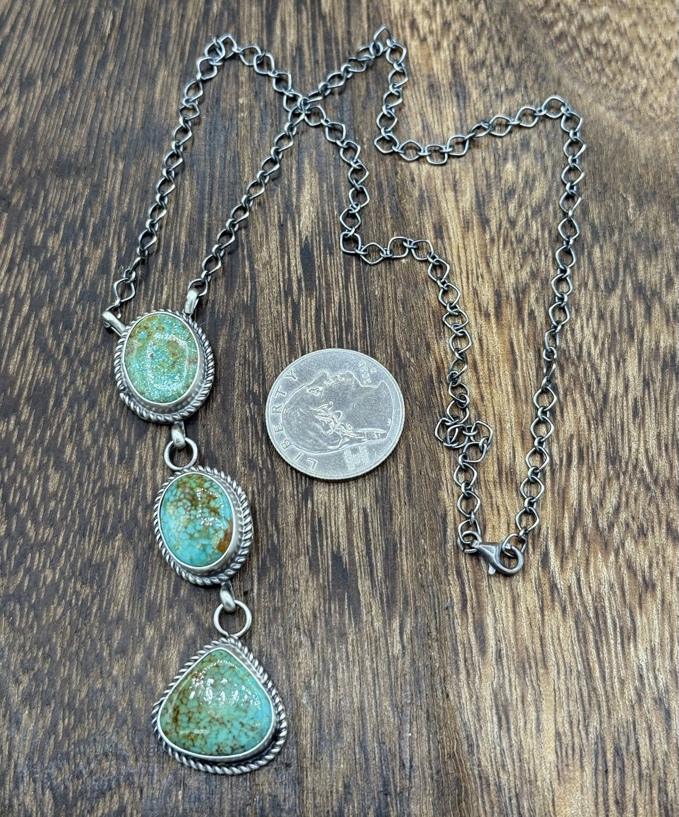 Native Navajo Handmade Sterling Silver Kingman Turquoise Lariat Necklace 18”