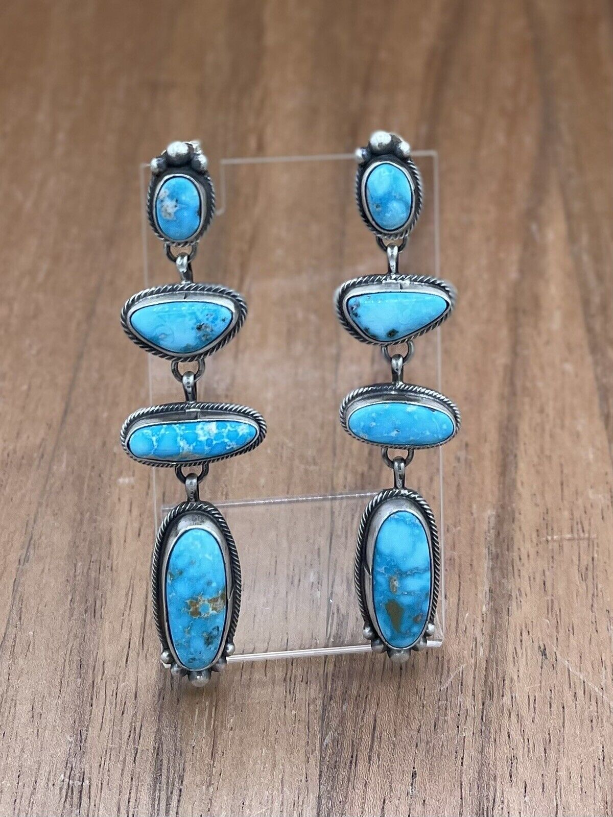 Native American Navajo Handmade Silver Kingman Turquoise Post Dangle Earrings