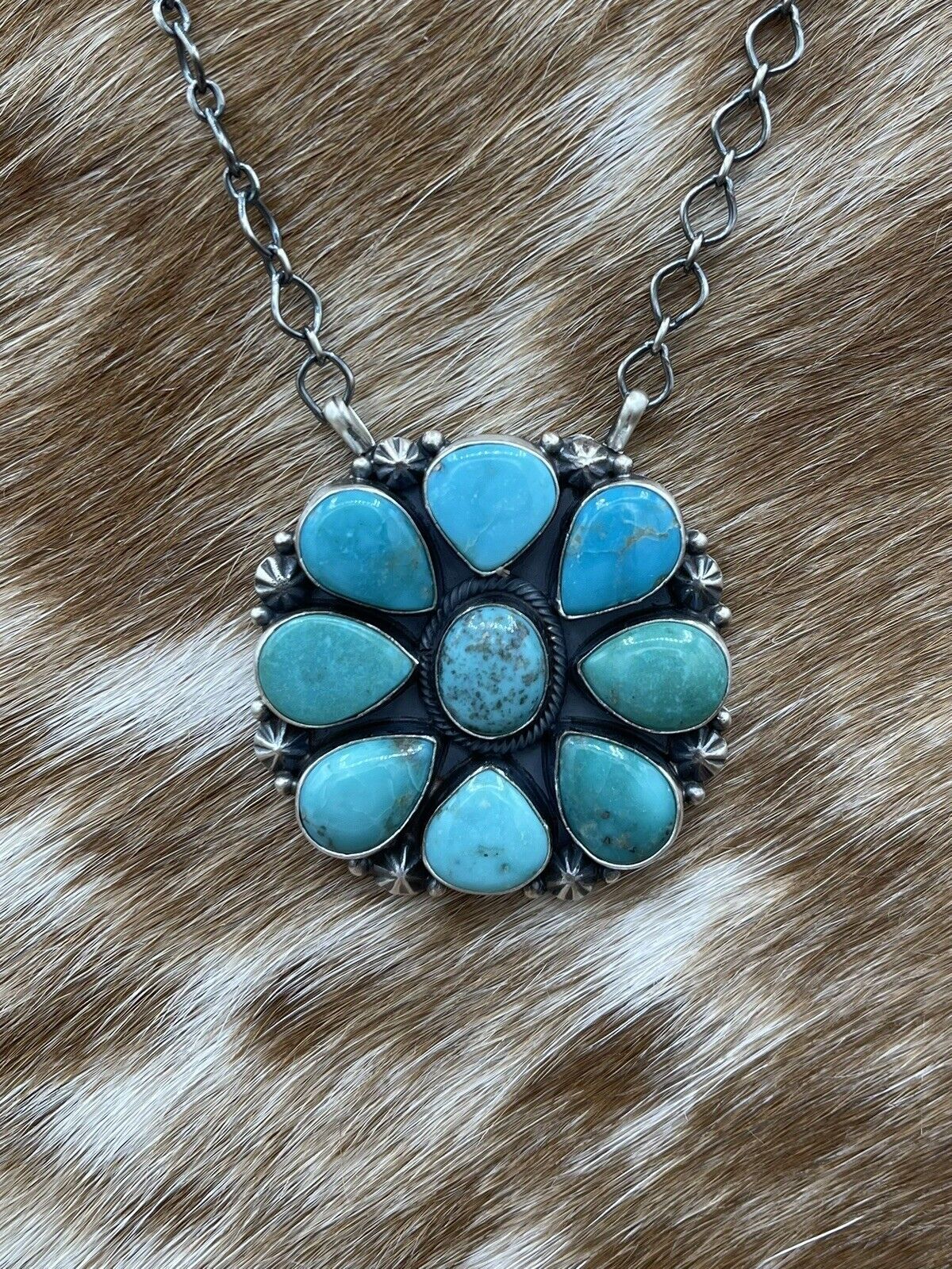 Native American Navajo Handmade Silver Turquoise Cluster Necklace 18 Inch