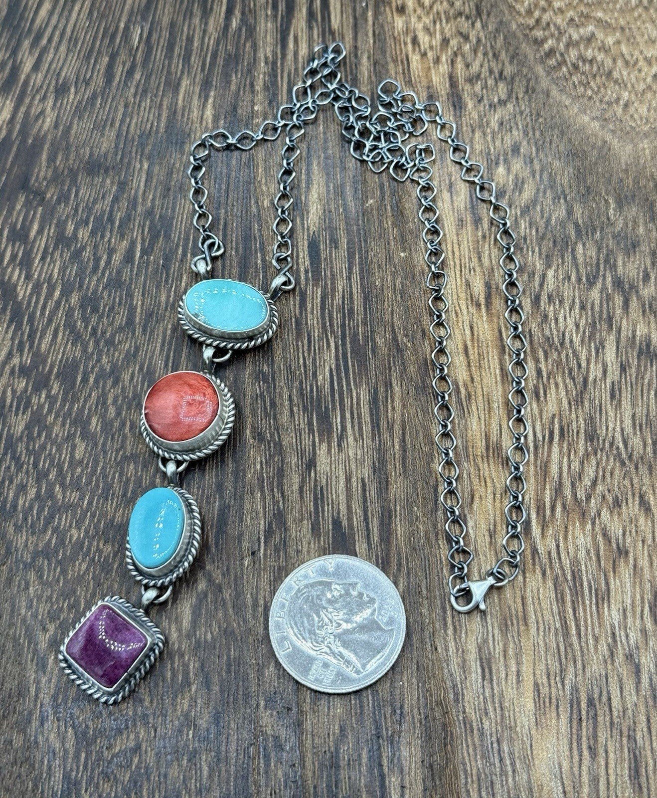 Navajo Handmade Sterling Silver Multi Color Mixed Stone Lariat Necklace 18”