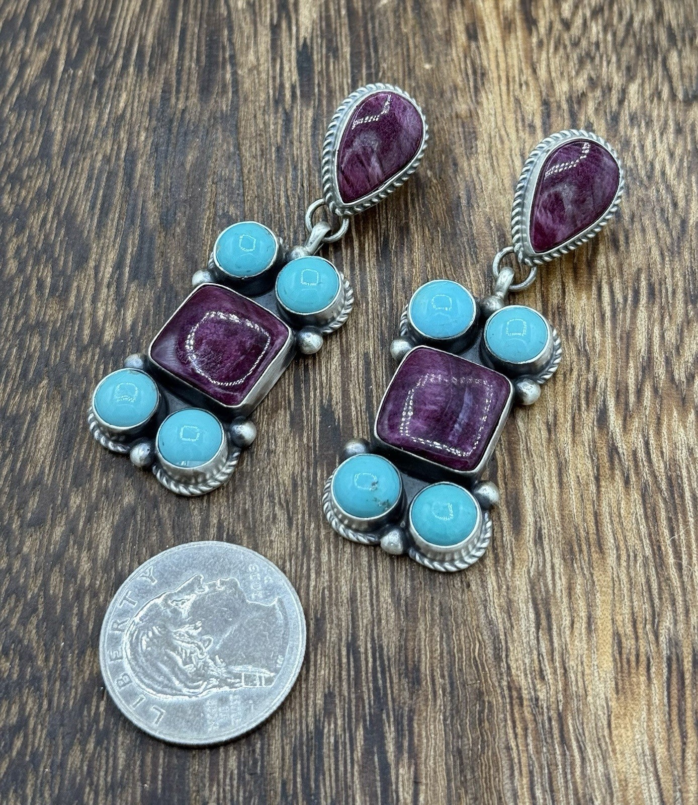 Navajo Handmade Sterling Silver Turquoise & Spiny Oyster Post Dangle Earrings