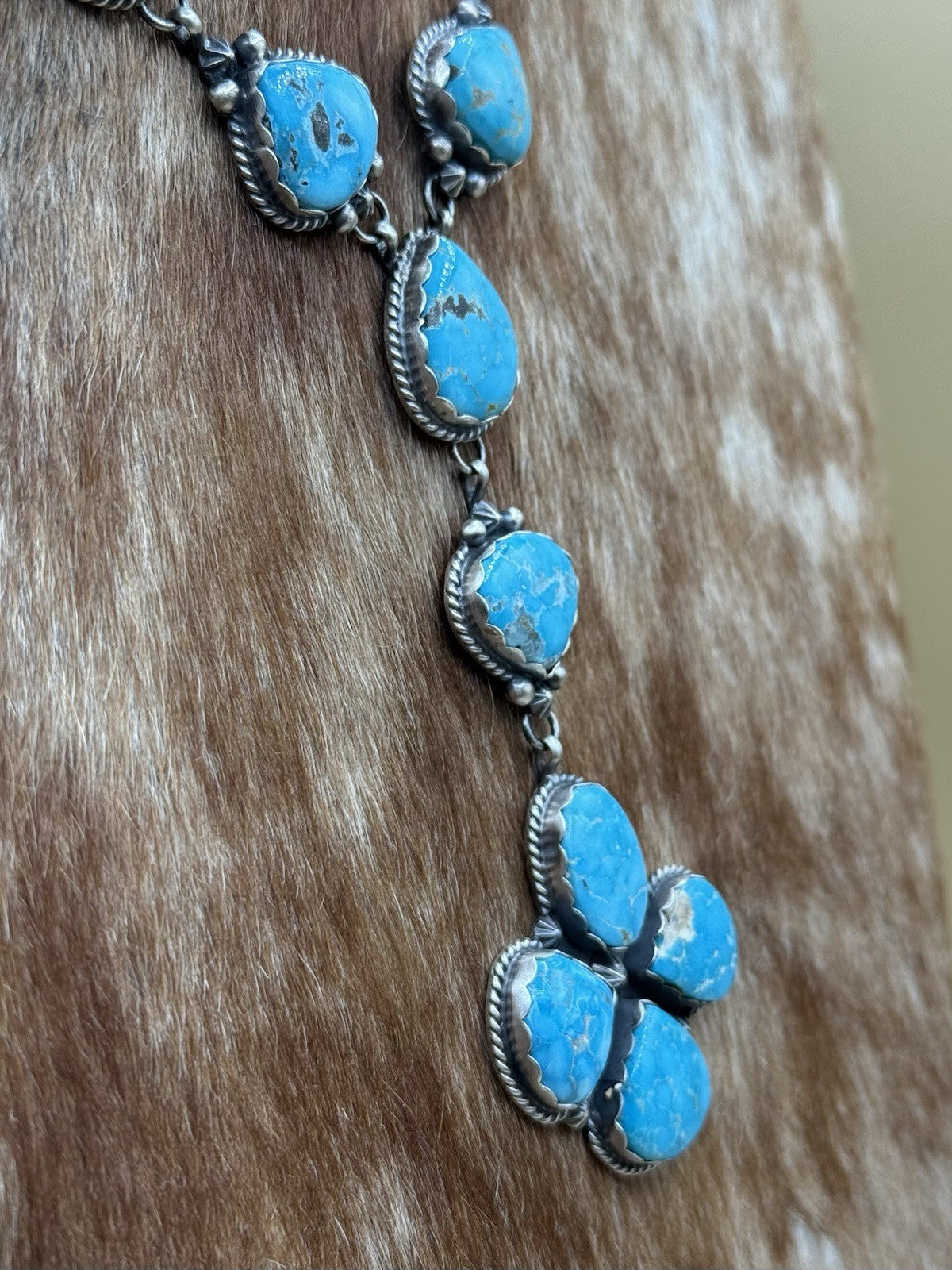 Native Navajo Handmade Sterling Silver Blue Bird Turquoise Y Lariat Necklace 24”