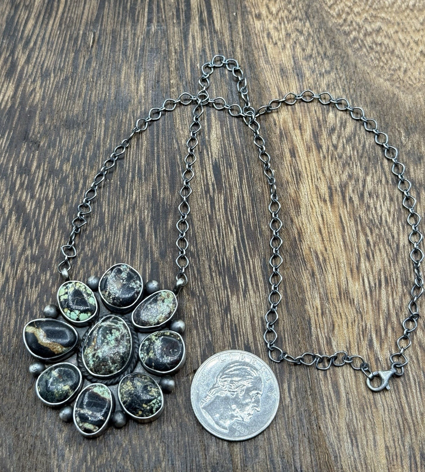 Navajo Handmade Sterling Silver Blackjack Turquoise Cluster Bar Necklace 18”