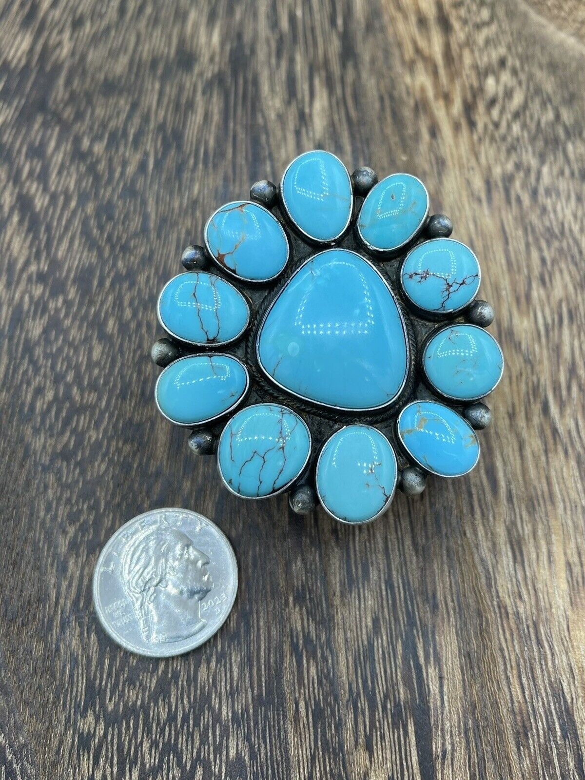 Native American Navajo Handmade Sterling Silver Turquoise Cluster Ring Size 7.5