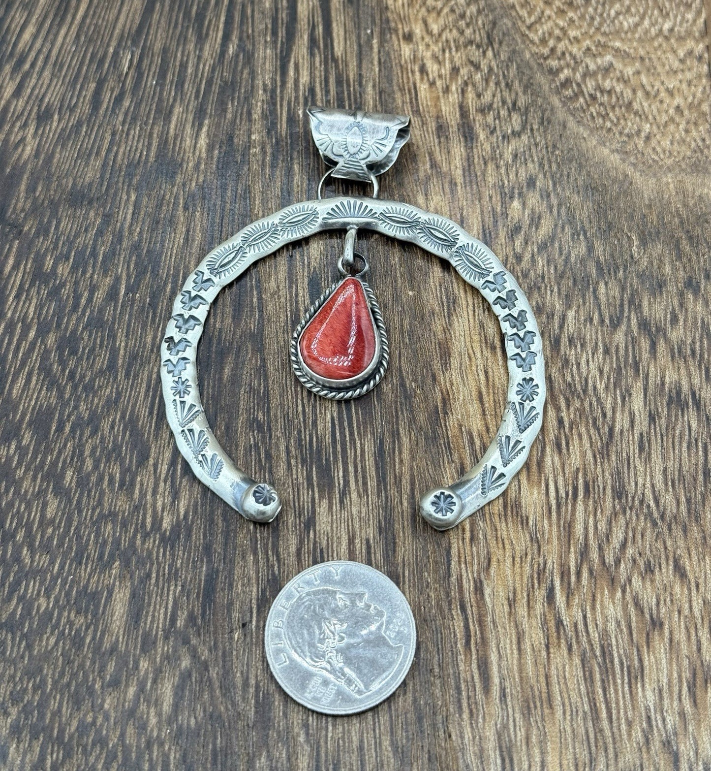 Navajo Handmade Sterling Silver Stamped Red Spiny Oyster Shell Naja Pendant