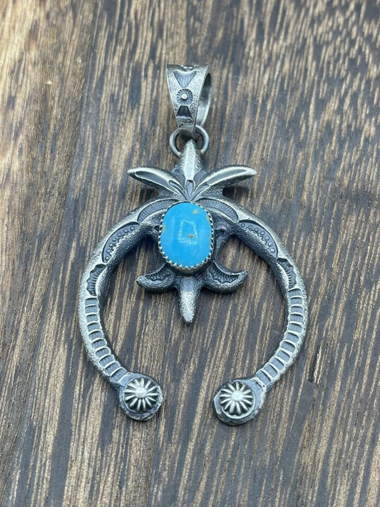 Native American Indian Navajo Handmade Silver Old Look Turquoise Naja Pendant