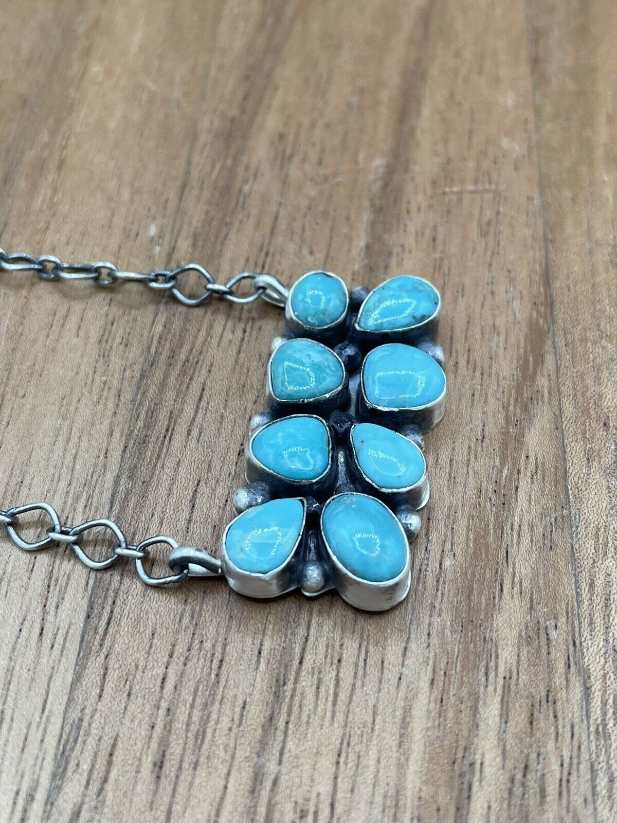 Native American Navajo Handmade Silver Turquoise Cluster Bar Necklace 18