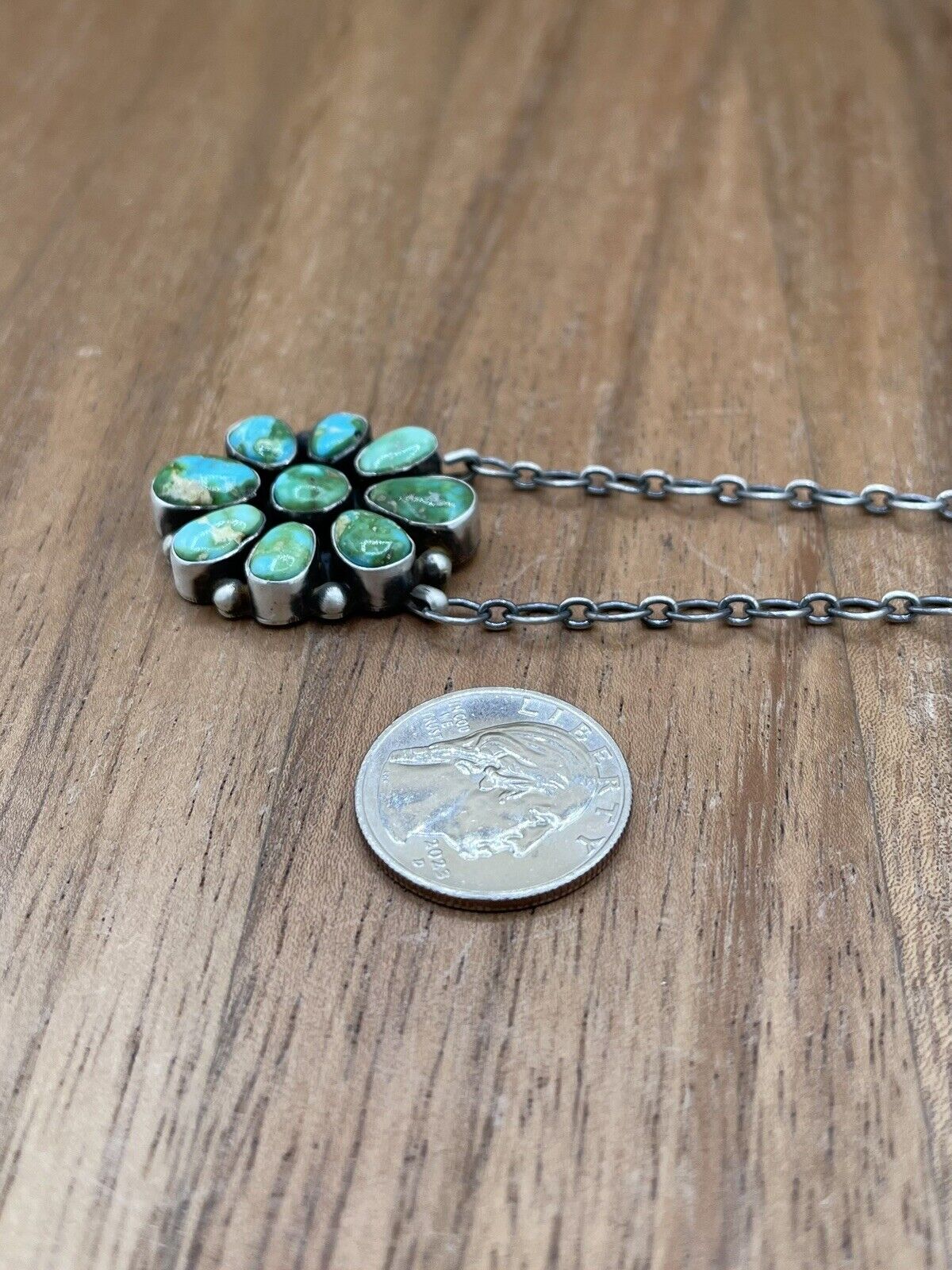 Native American Navajo Handmade Silver Sonoran Turquoise Cluster Bar Necklace