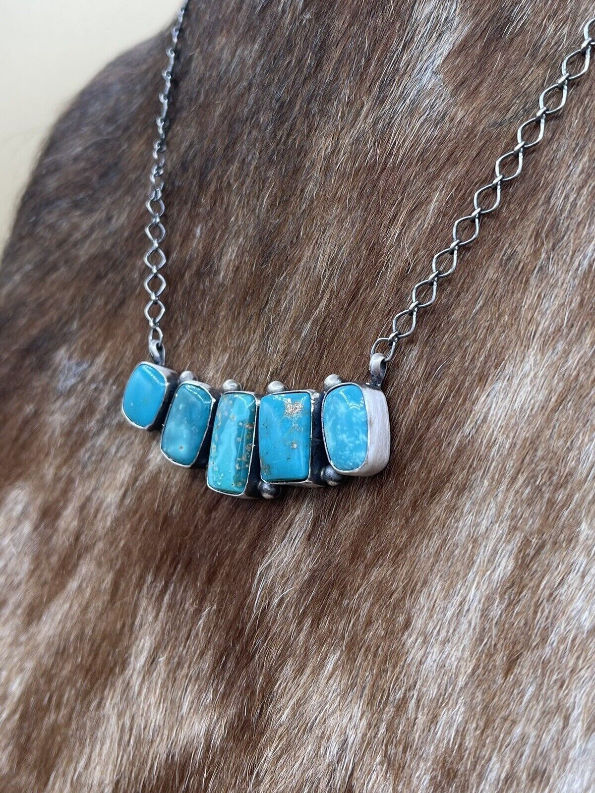 Native American Navajo Handmade Silver Sonoran Bella Turquoise Bar Necklace 18”