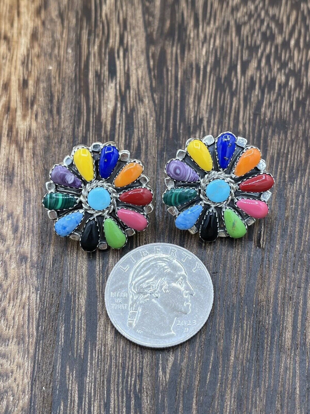 Native American Navajo Handmade Sterling Silver Multicolor Cluster Stud Earrings