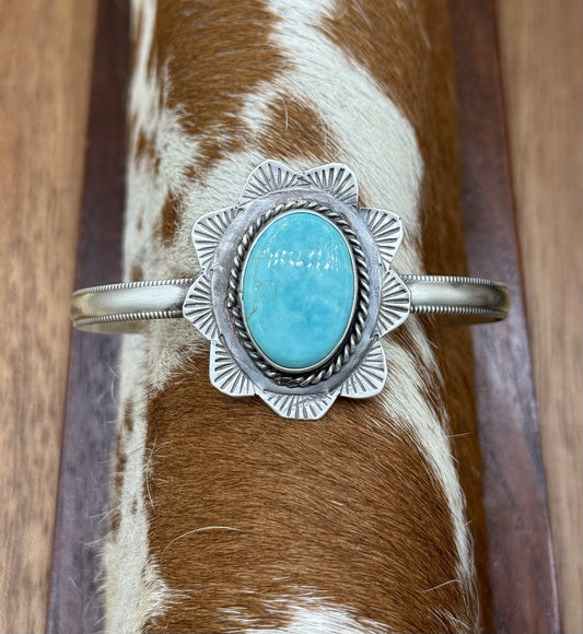 Native Navajo Handmade Sterling Silver Kingman Turquoise Cuff Stamped Bracelet