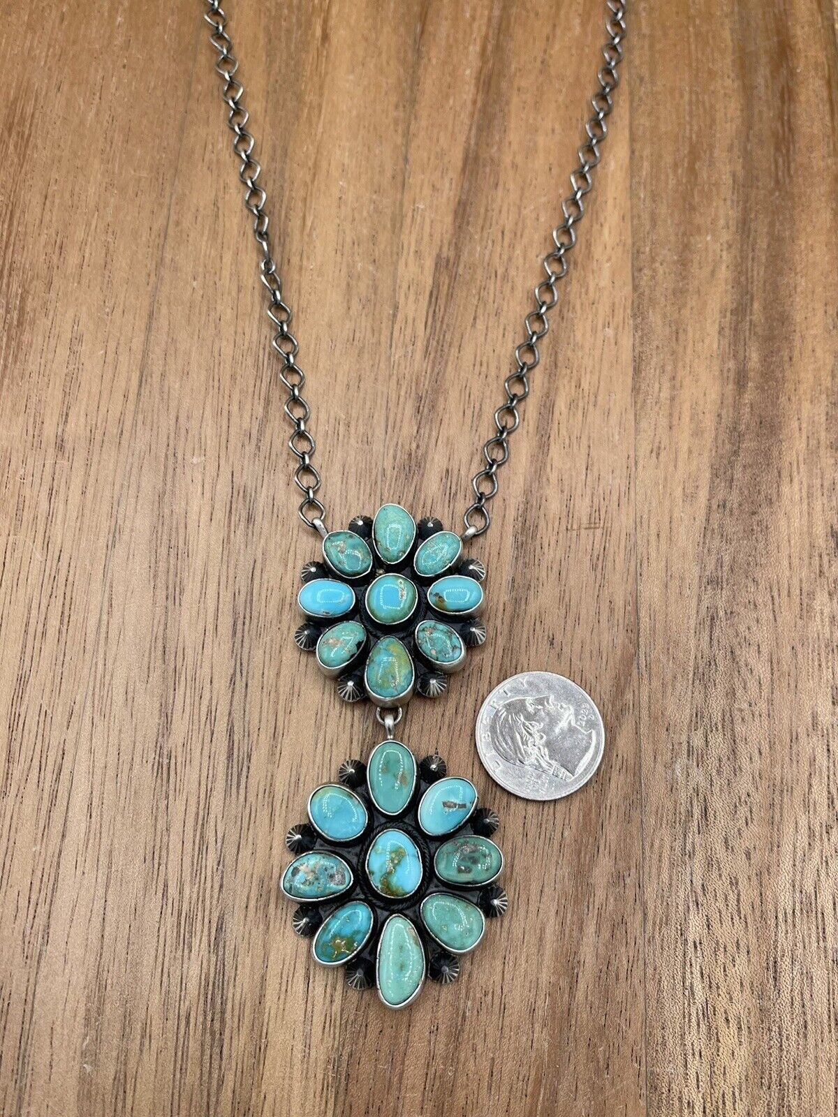 Native American Navajo Handmade Silver Kingman Turquoise Double Cluster Necklace