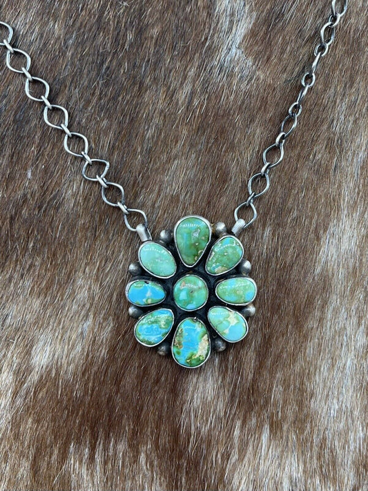 Native American Navajo Handmade Silver Sonoran Turquoise Cluster Bar Necklace