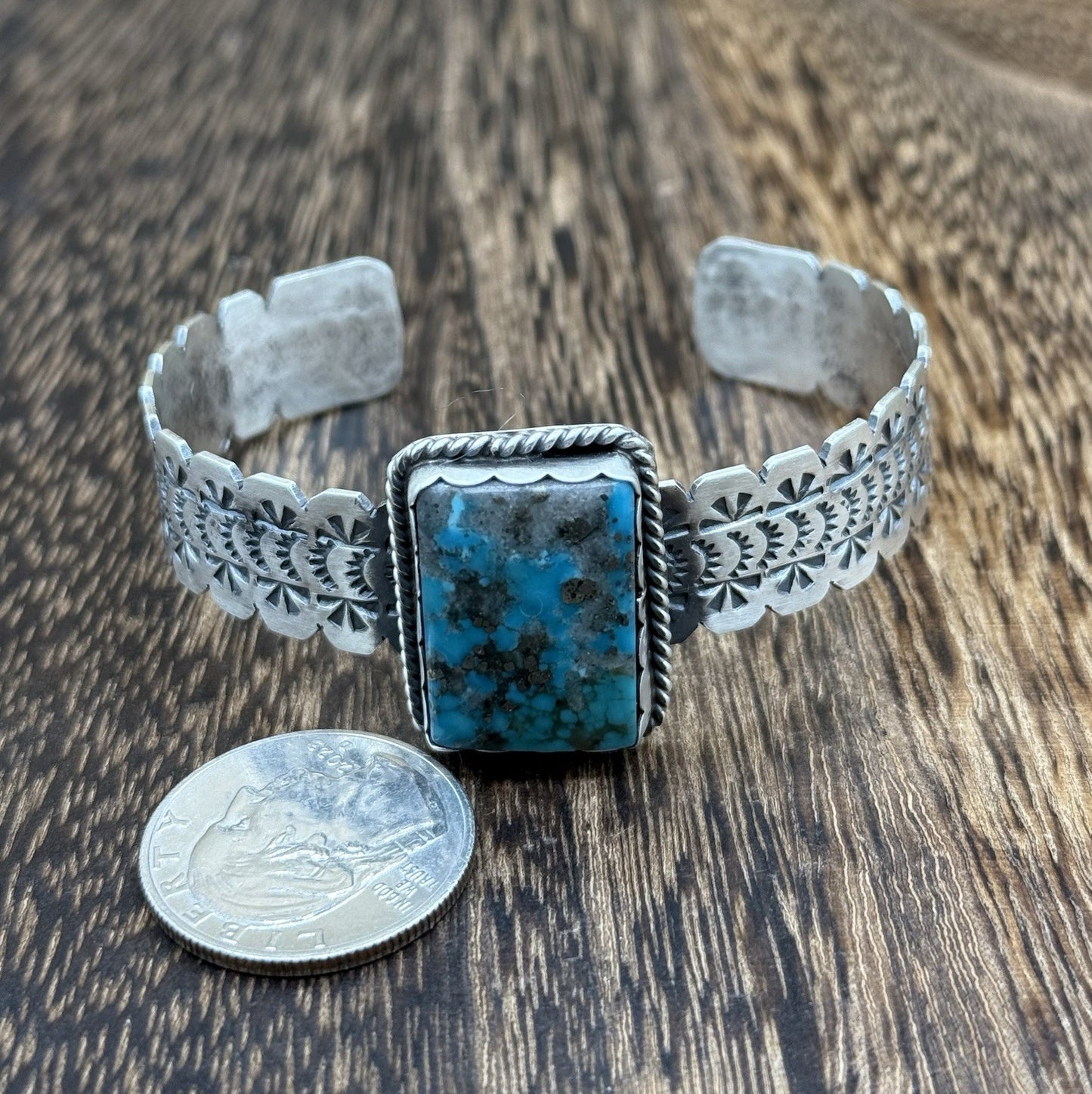 Navajo Handmade Sterling Silver Morenci Turquoise Stacker Cuff Bracelet