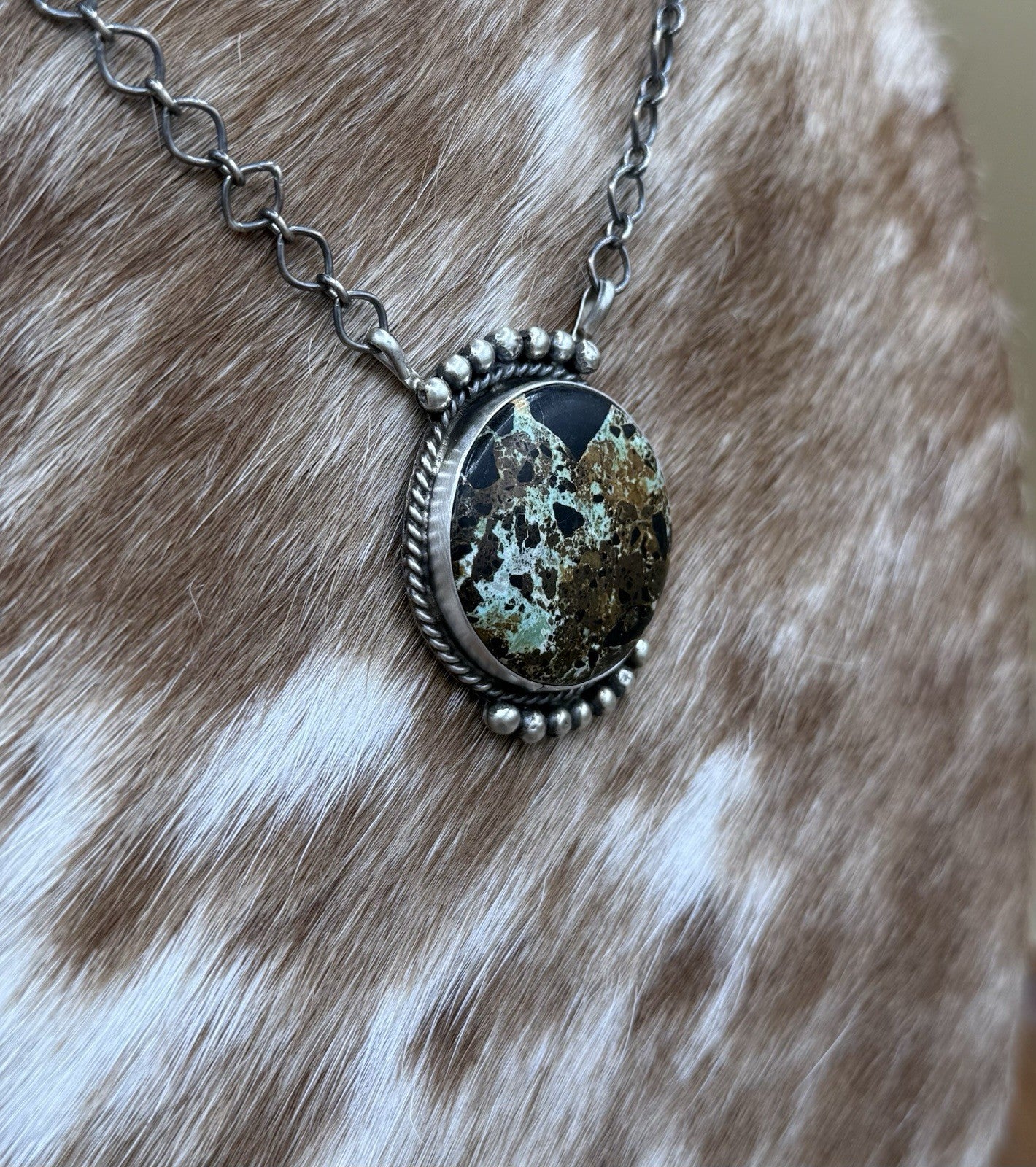 Native Navajo Handmade Sterling Silver Blackjack Turquoise Bar Necklace 18”