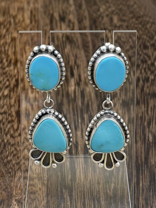 Native American Sterling Silver Navajo Handmade Turquoise Post Dangle Earrings