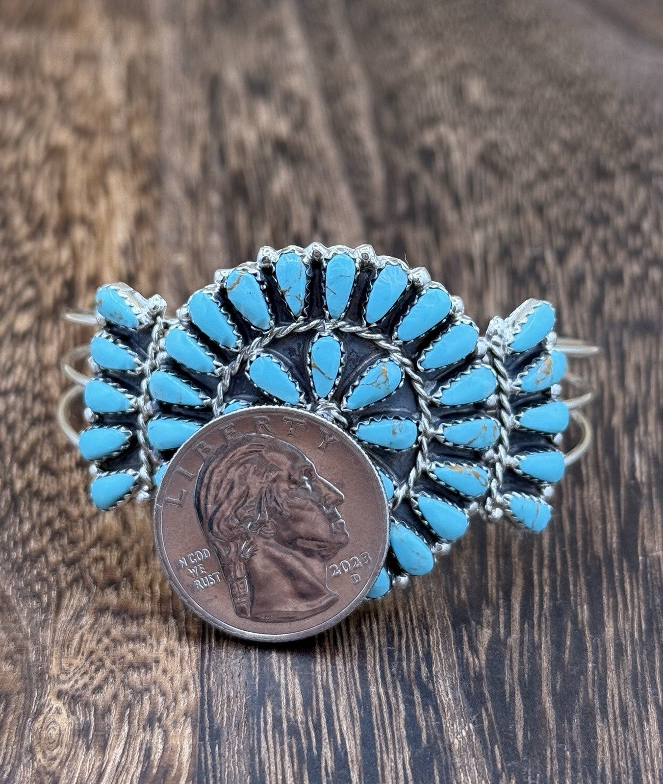 Native American Navajo Handmade Sterling Silver Turquoise Cluster Cuff Bracelet