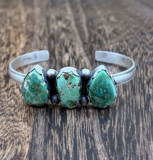 Navajo Handmade Sterling Silver Sonoran Gold Turquoise Stacker Cuff Bracelet