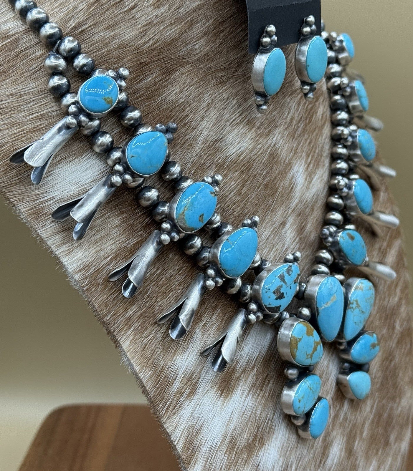 Navajo Handmade Sterling Silver Kingman Turquoise Squash Blossom Necklace 20”