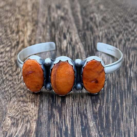 Navajo Handmade Sterling Silver Orange Spiny Oyster Shell Stacker Cuff Bracelet