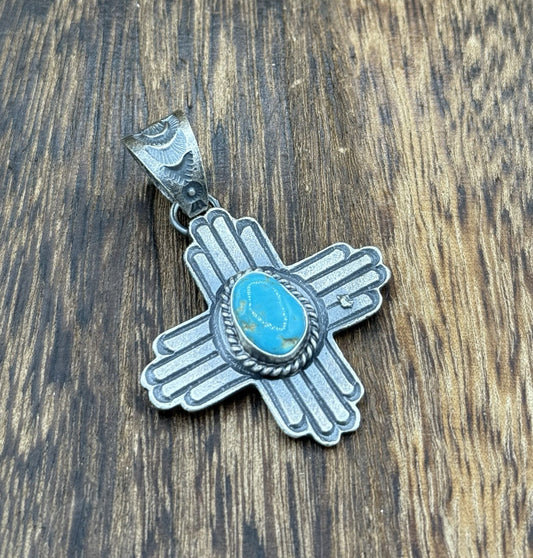 Navajo Handmade Sterling Silver Old Look Kingman Turquoise Zia Pendant Kevin B.