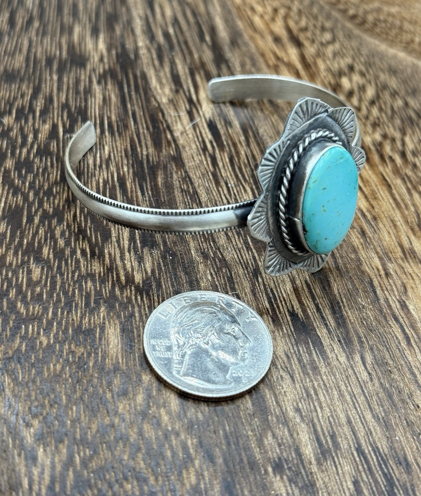 Native Navajo Handmade Sterling Silver Kingman Turquoise Cuff Stamped Bracelet