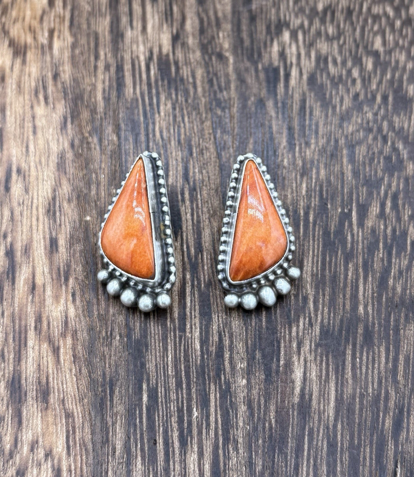 Native Navajo Handmade Sterling Silver Orange Spiny Oyster Post Stud Earrings