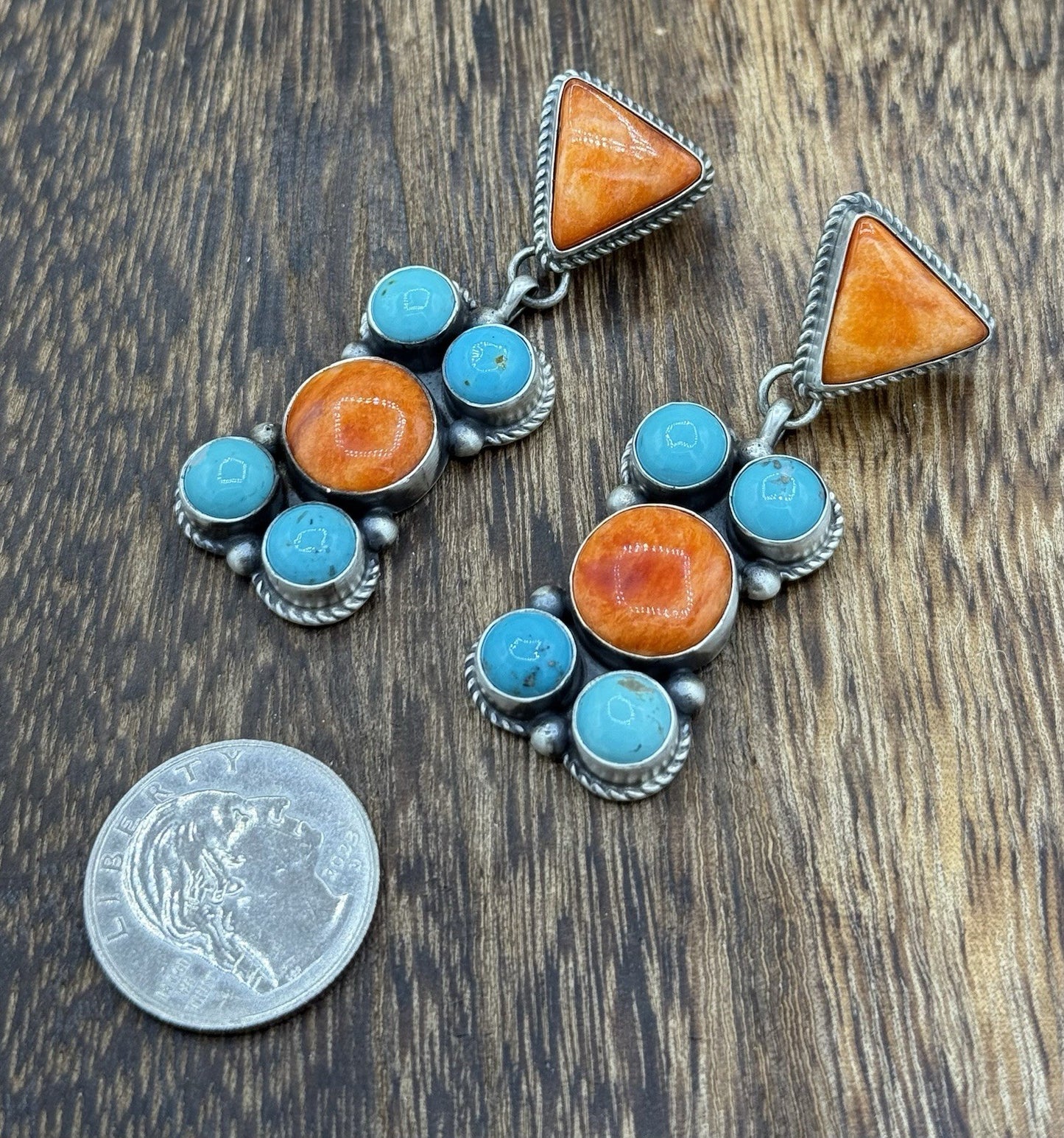 Navajo Handmade Sterling Silver Turquoise & Spiny Oyster Post Dangle Earrings