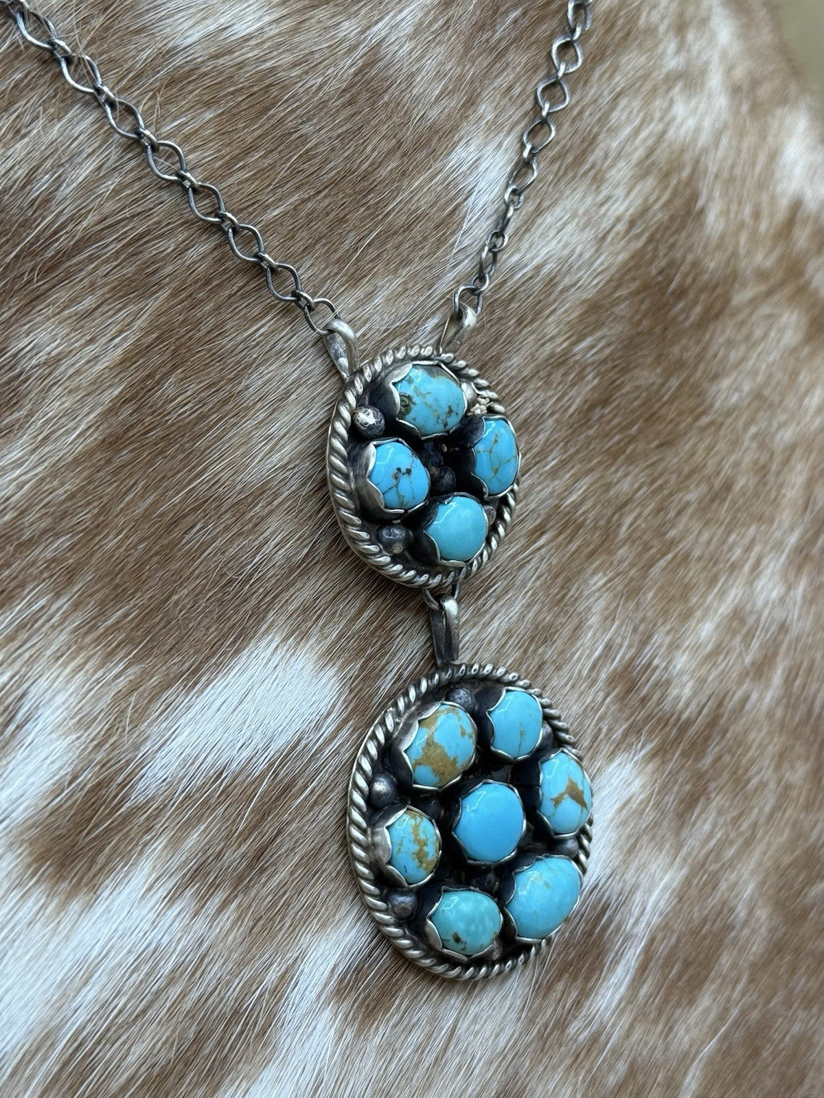 Navajo Handmade Sterling Silver Kingman Turquoise Cluster Bar Necklace 18”