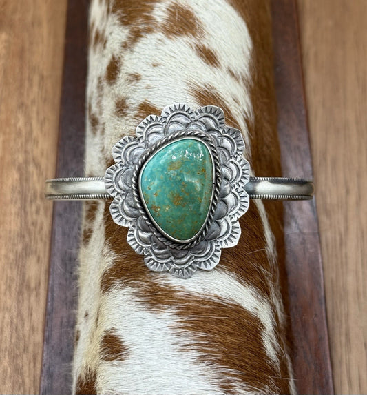 Native Navajo Handmade Sterling Silver Kingman Turquoise Cuff Stamped Bracelet