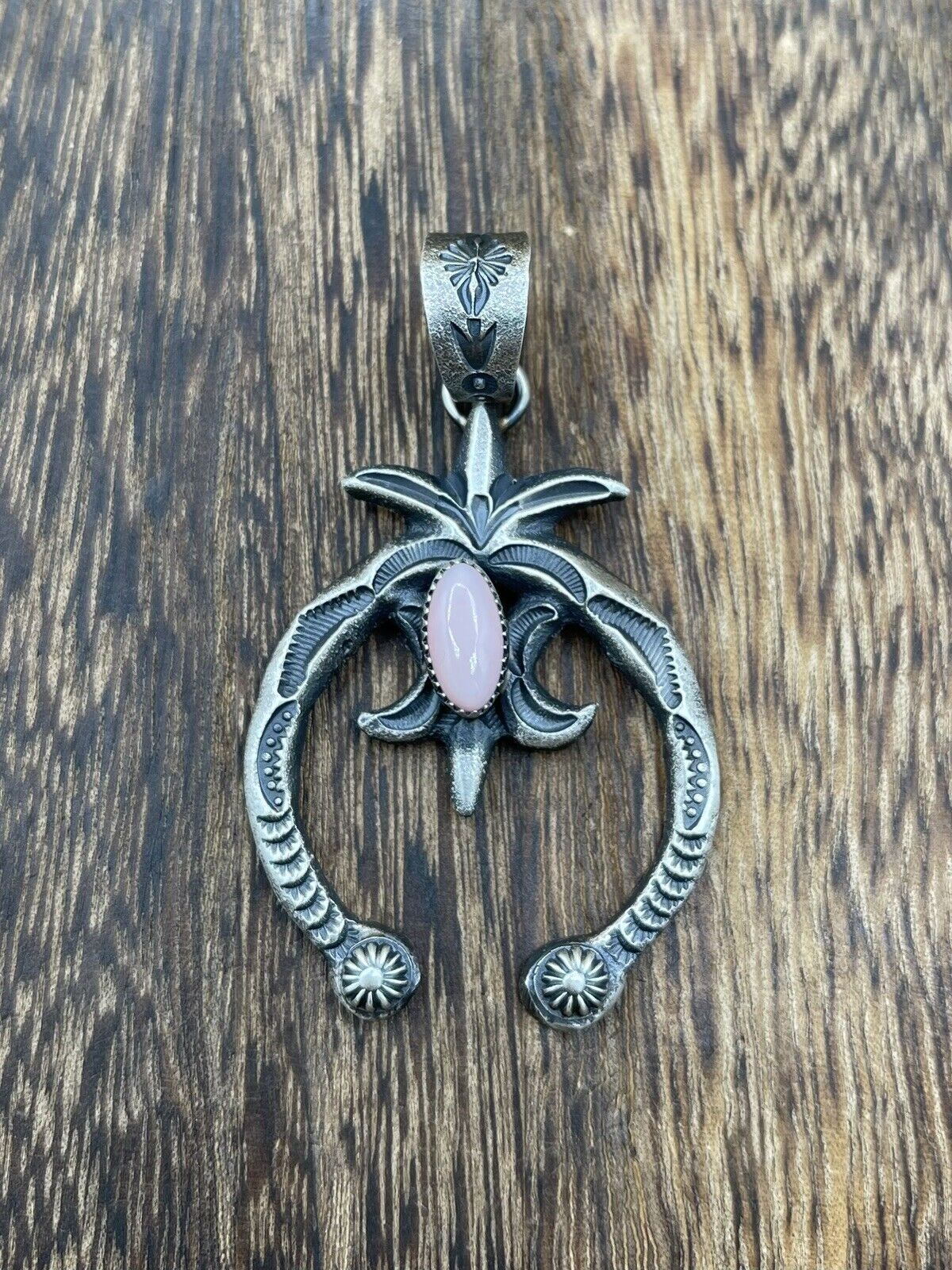 Native American Indian  Navajo Handmade Silver Old Look Pink Concho Naja Pendant