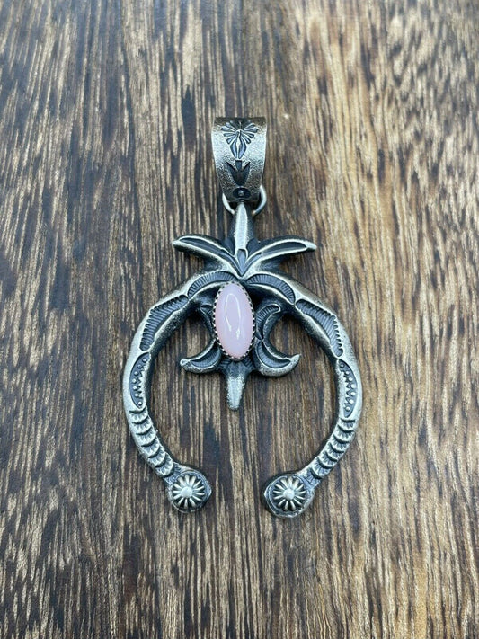 Native American Indian  Navajo Handmade Silver Old Look Pink Concho Naja Pendant