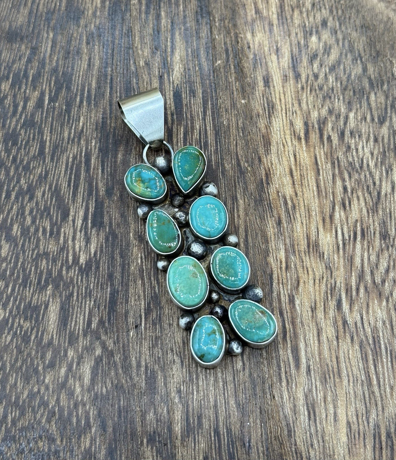 Native Navajo Handmade Sterling Silver Kingman Turquoise Cluster Drop Pendant