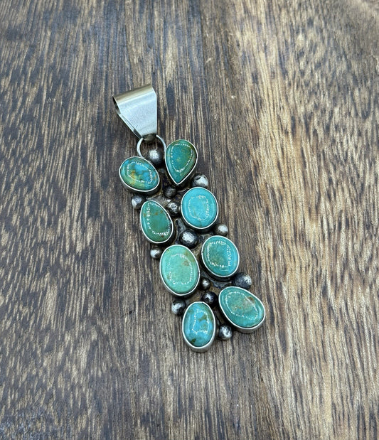 Native Navajo Handmade Sterling Silver Kingman Turquoise Cluster Drop Pendant
