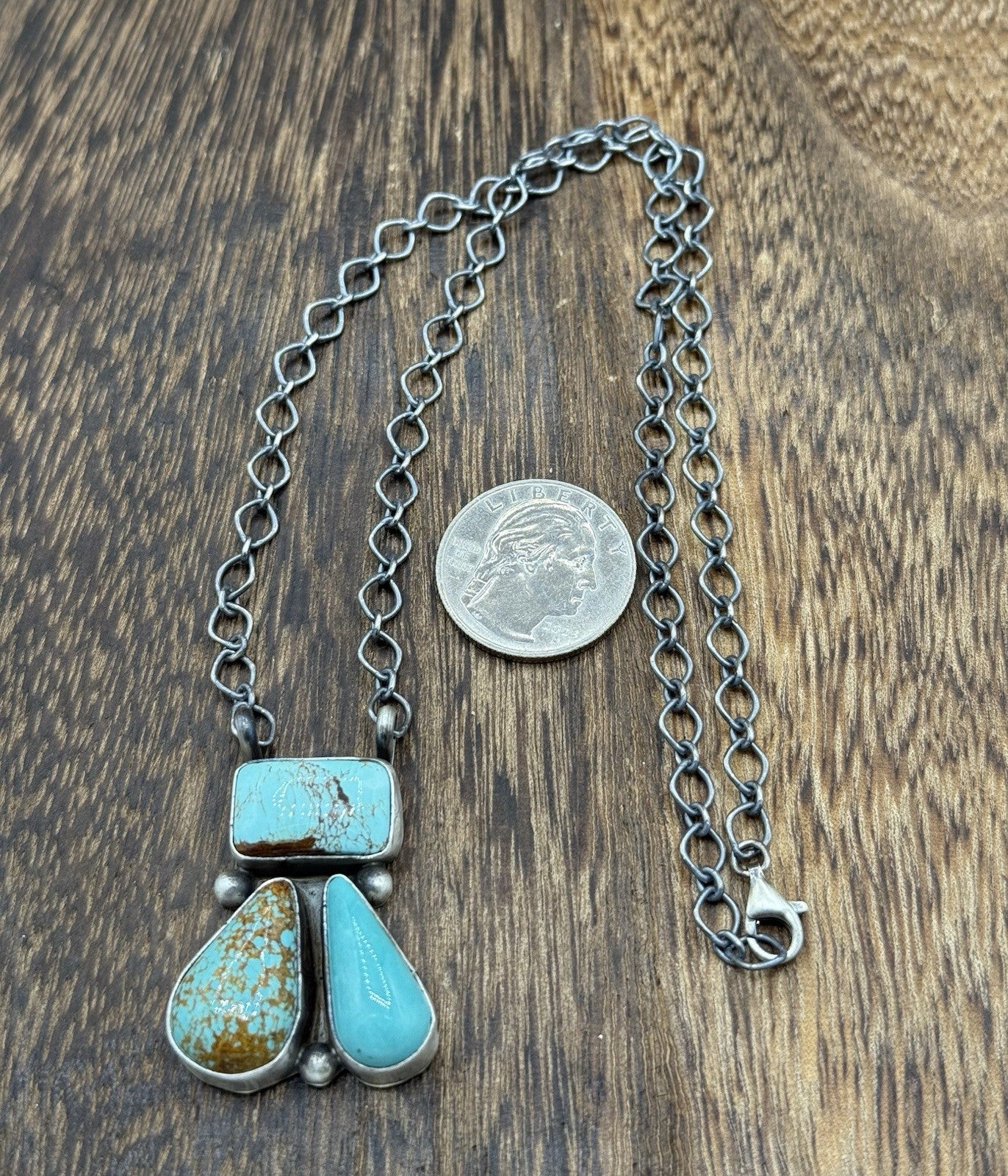 Navajo Handmade Sterling Silver Mixed Turquoise  Cluster Bar Necklace 18”