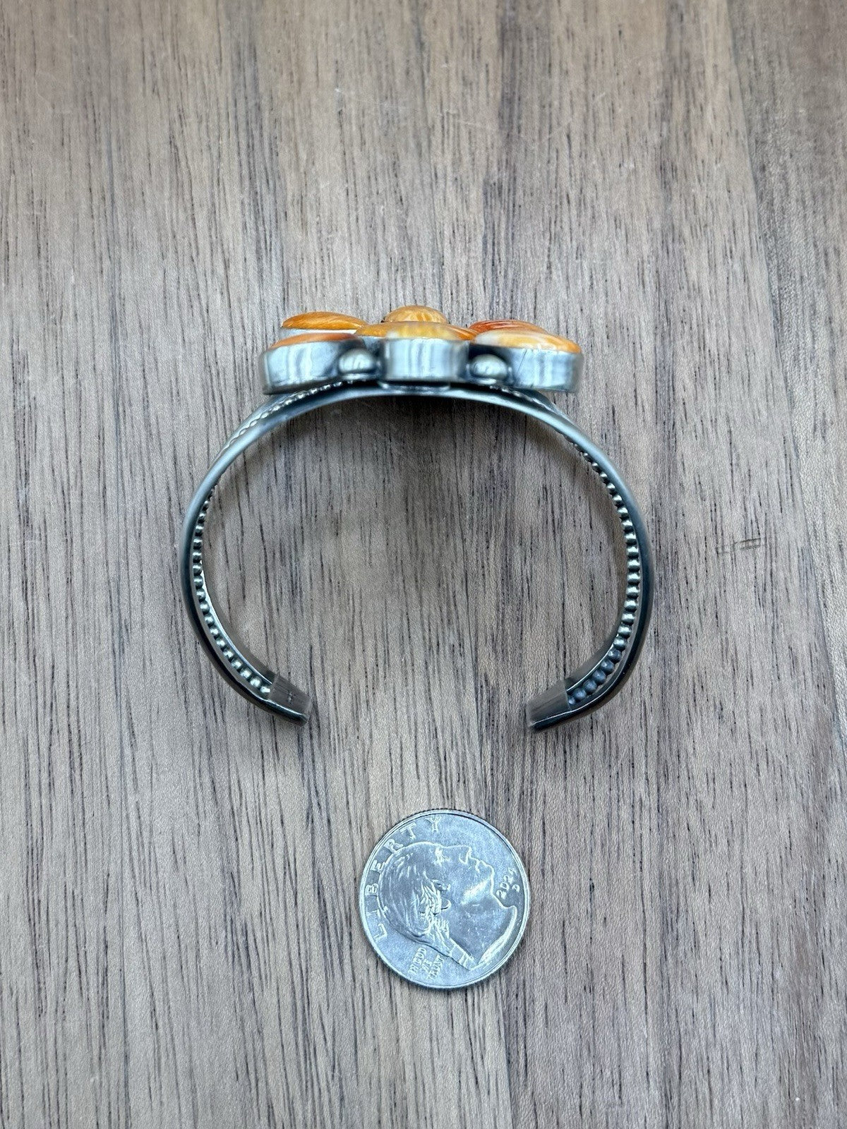 Navajo Handmade Sterling Silver Orange Spiny Oyster Cluster Cuff Bracelet