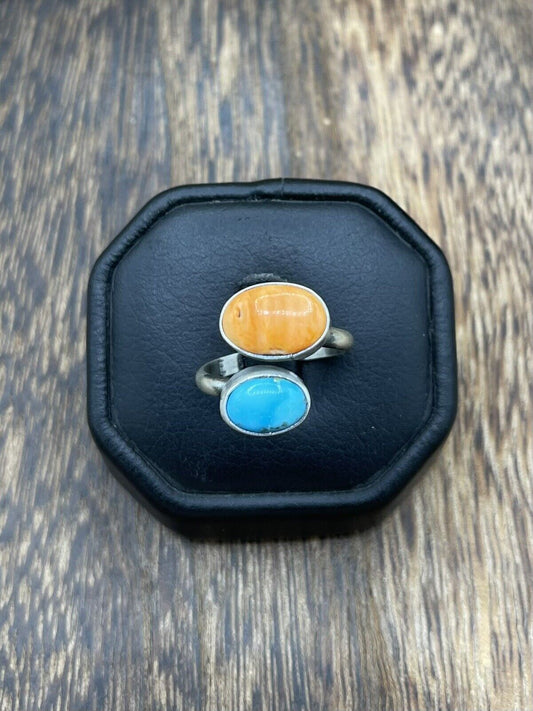 Native American Navajo Handmade Silver Turquoise Adjustable Ring Size 6 To 8