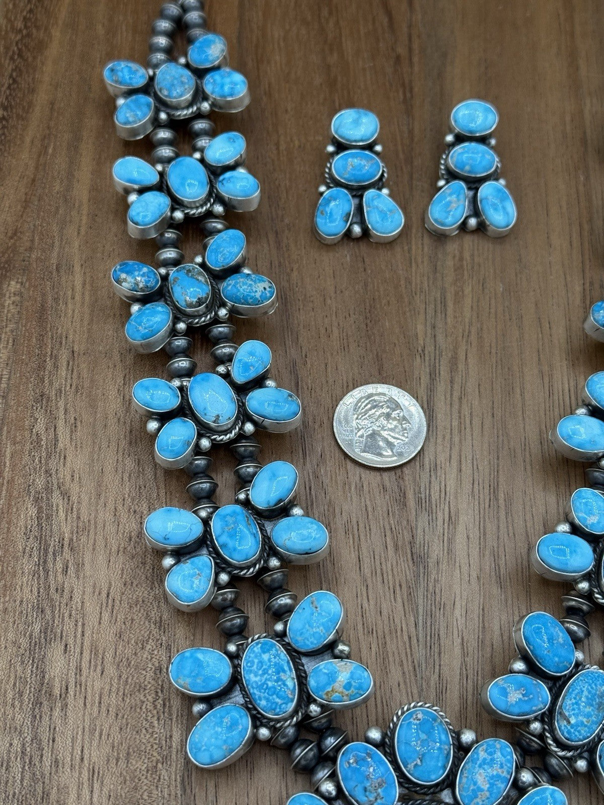 Navajo Handmade Sterling Silver Blue Ridge Turquoise Squash Blossom Necklace