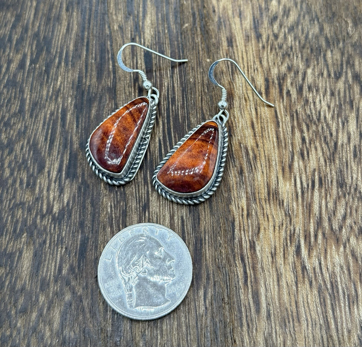 Native Navajo Handmade Sterling Silver Orange Spiny Oyster Shell Dangle Earrings