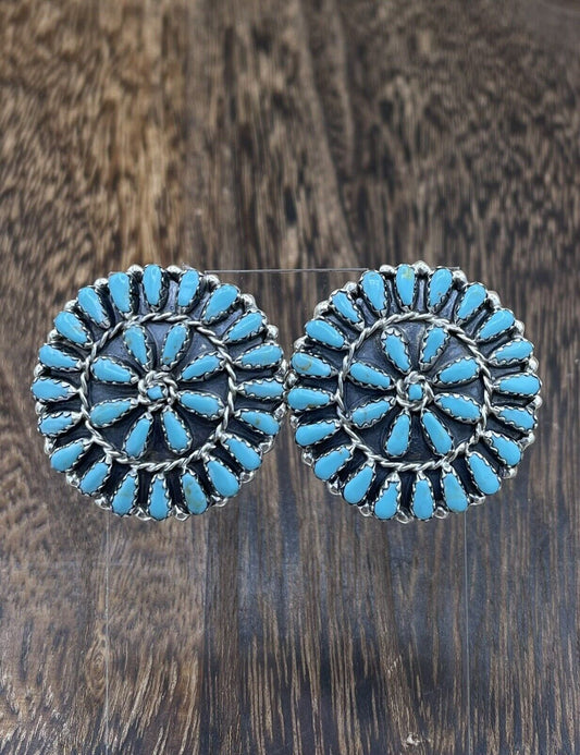 Native American Navajo Handmade Sterling Silver Turquoise Cluster Post earrings