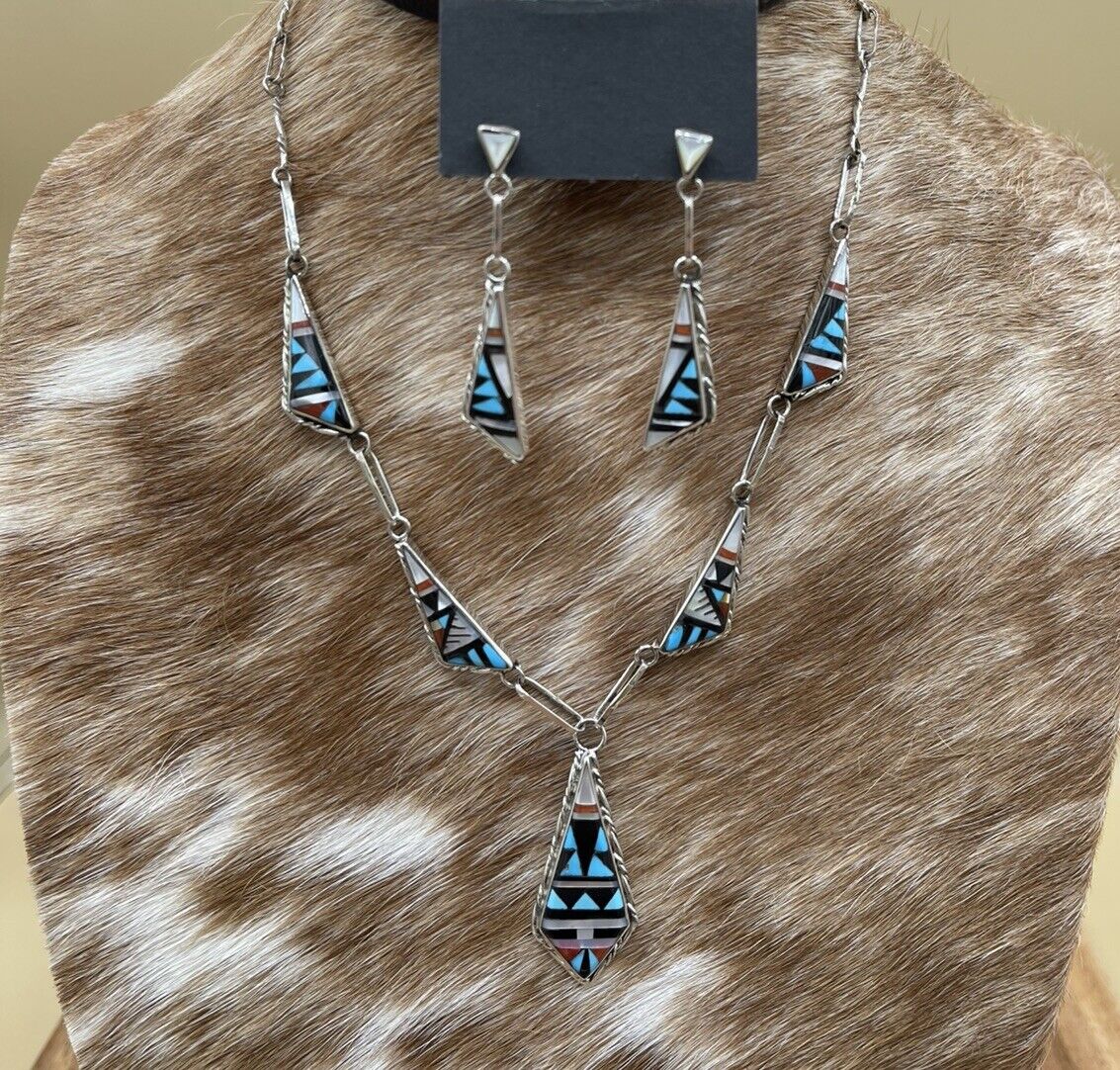 Native American Zuni handmade Sterling Silver Turquoise Multi Stone Necklace 18”