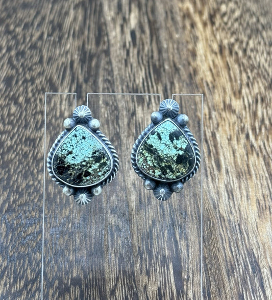 Navajo Handmade Sterling Silver Blackjack Turquoise Old Look Post Stud Earrings
